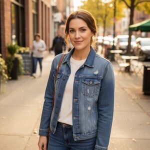 American Eagle Blue Jean Jacket Fitted Distressed